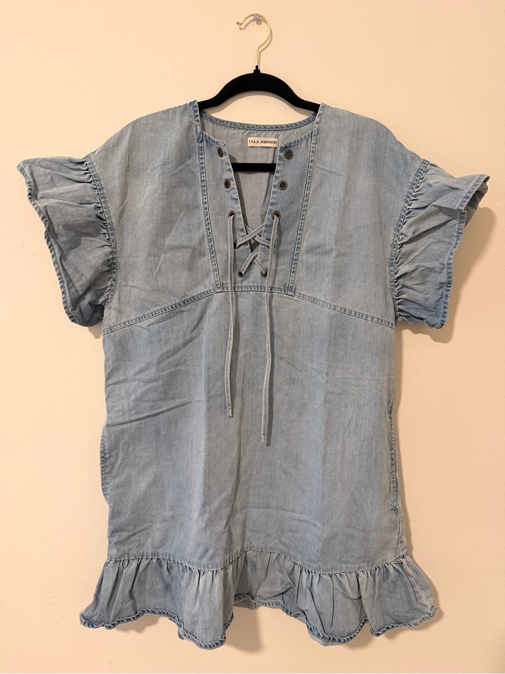 Ulla Johnson Light Blue Denim Ruffle Lace-Up Short Sleeve Dress